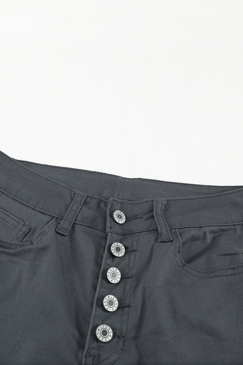 Plain High Waist Buttons Frayed Cropped Denim Jeans